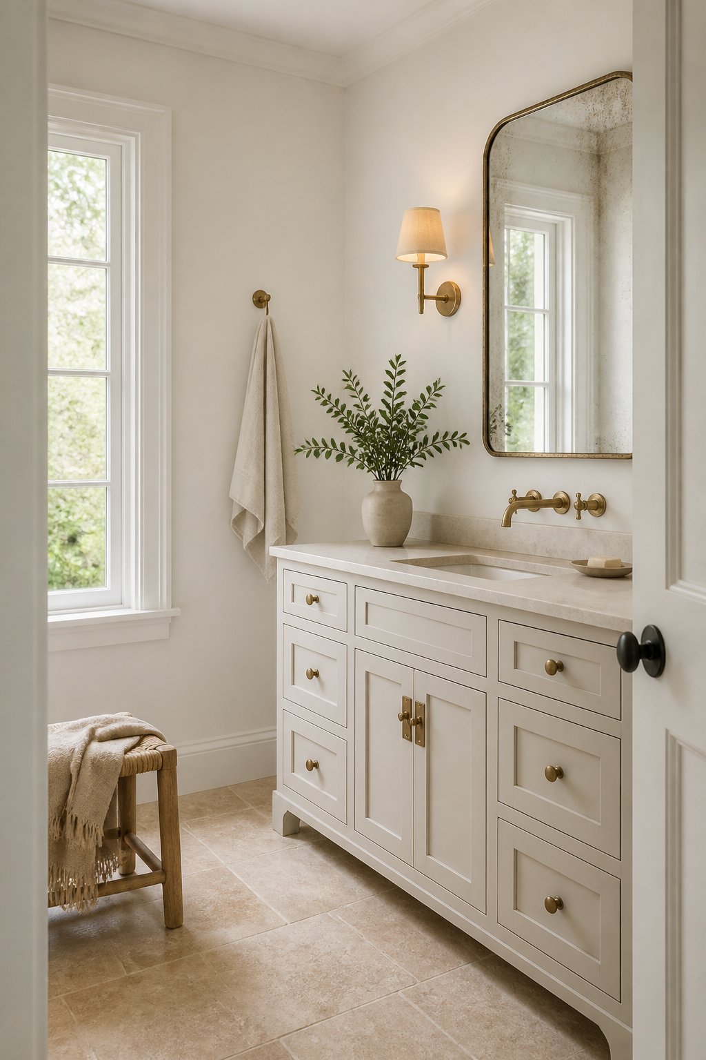 A warm white bathroom with a bone-colored vanity, brass fixtures, linen towels, an antiqued mirror, and a travertine floor.