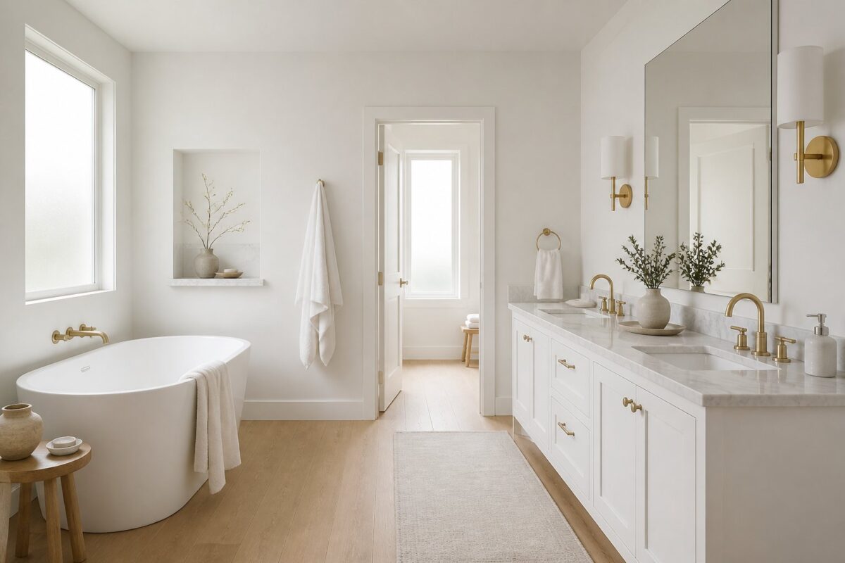 A serene white spa bathroom with a wood floor, brass fixtures, marble vanity, frameless mirror, and folded linen towels.