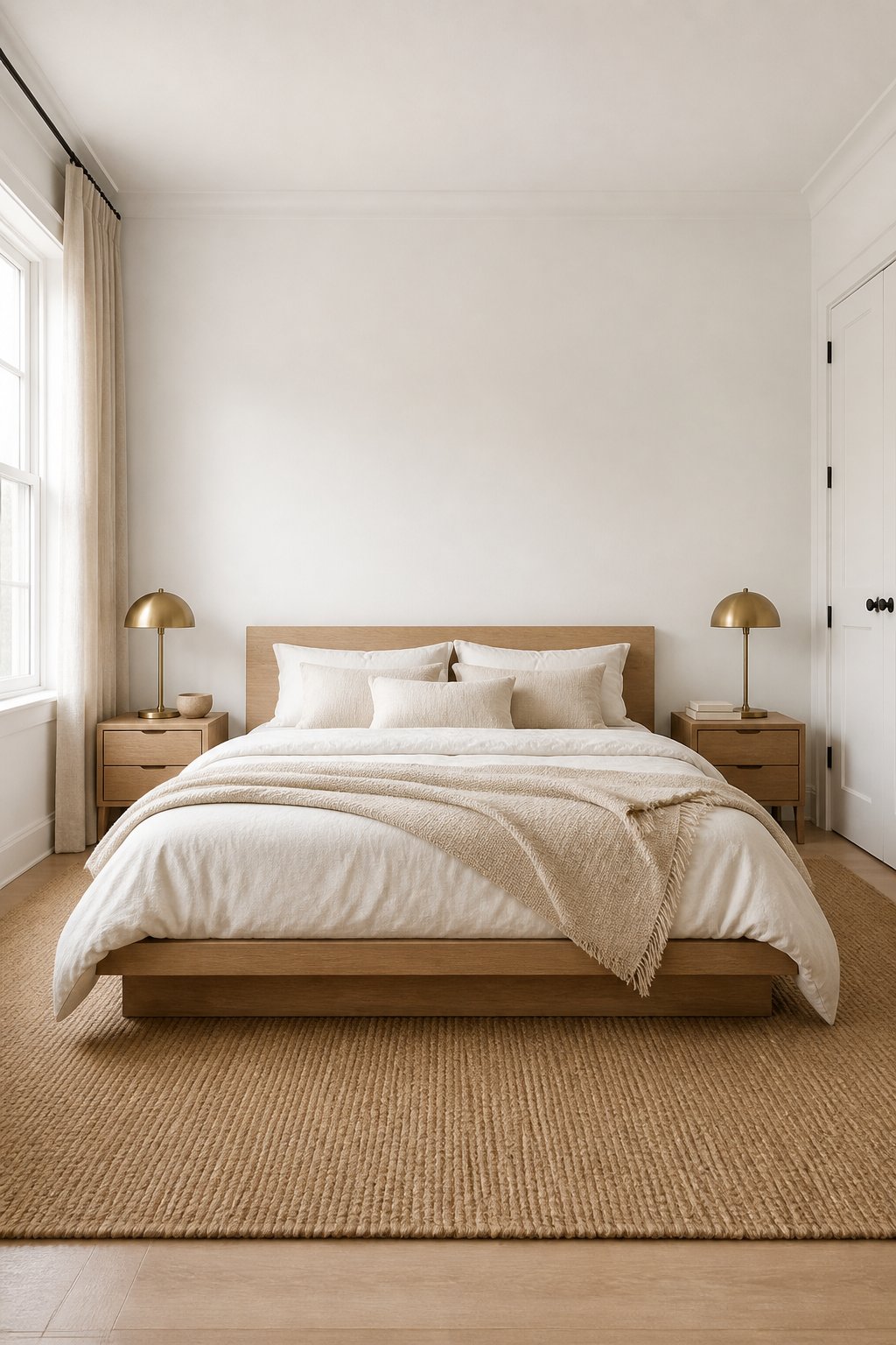 A serene white bedroom with a low oak bed, layered linen bedding, matching nightstands, brass lamps, a jute rug, and soft morning light through linen curtains.