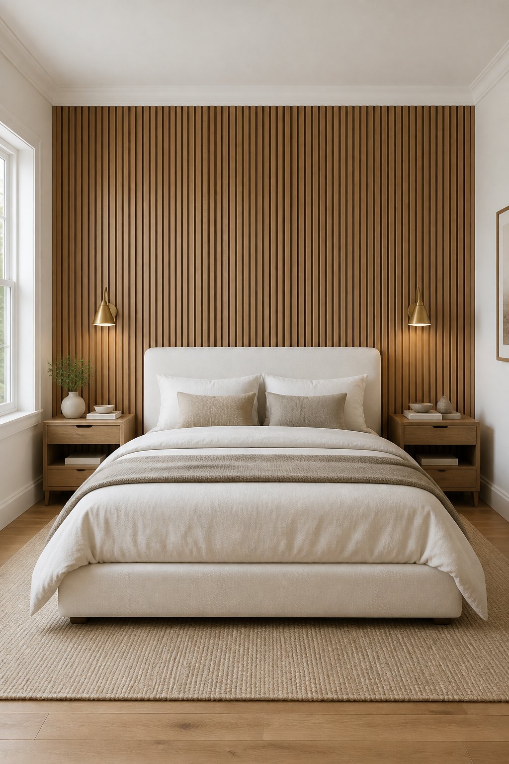 A calm bedroom with a cream bed, warm wood-slat wall, matching oak nightstands, brass sconces, and soft neutral furnishings.