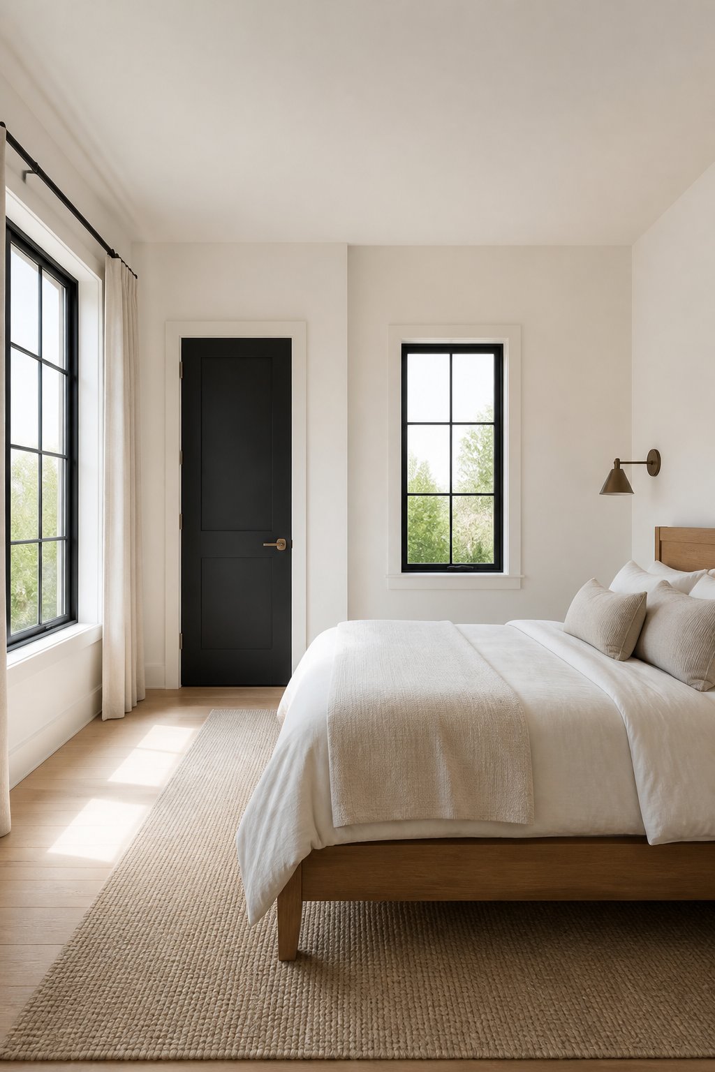 A bright modern bedroom with soft white walls, black-framed windows, a black door, a warm wood bed, neutral rug, and linen curtains.