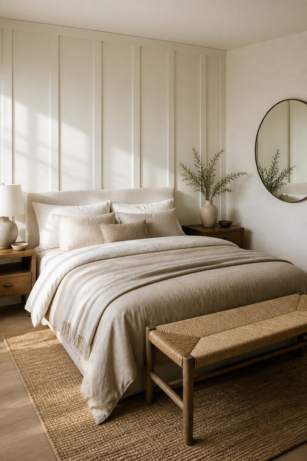 A serene bedroom with a soft white board-and-batten wall behind a low bed, neutral bedding, a woven bench, and a round mirror.
