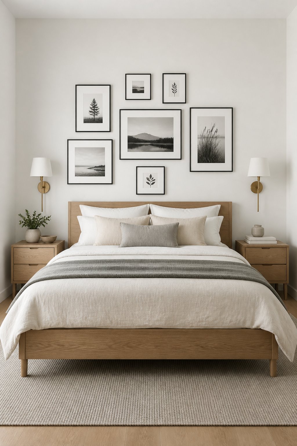 A bright bedroom with white walls, a wooden bed, framed artwork above it, brass wall lights, neutral bedding, and a woven rug.