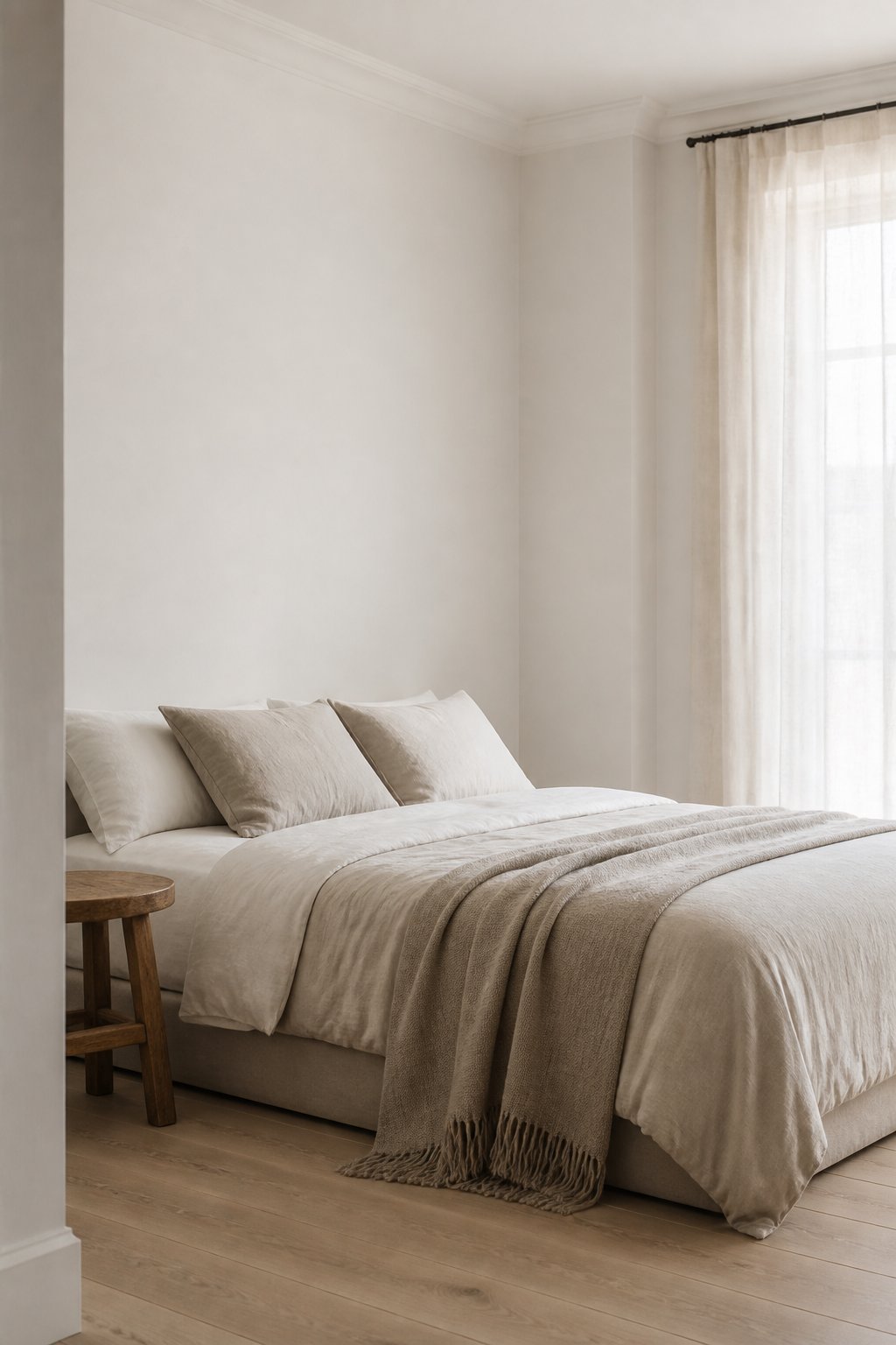 A minimalist bedroom with a low bed, light bedding, a wooden stool, and a linen curtain in soft daylight.