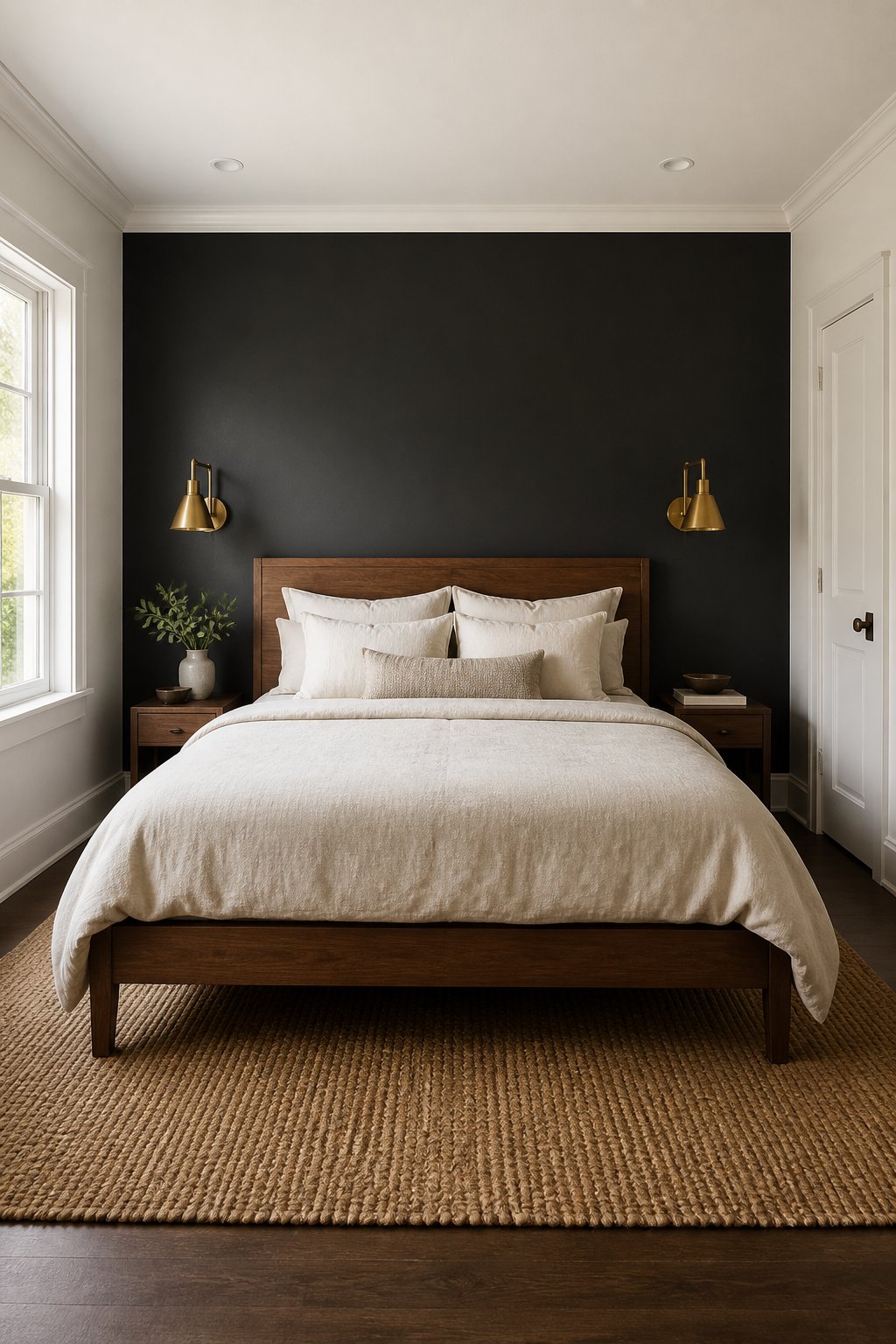 A cozy bedroom with a walnut bed, cream bedding, brass sconces, a charcoal accent wall, white walls and ceiling, and a jute rug.