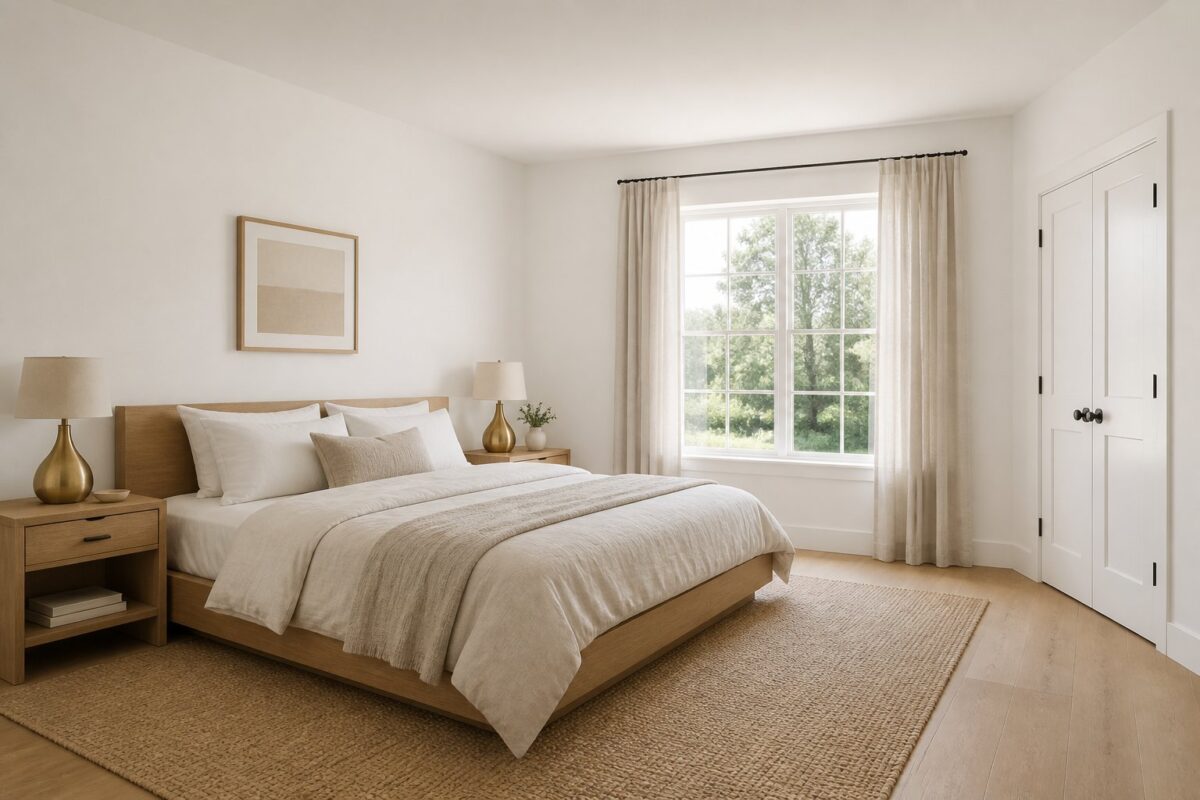 A bright white bedroom with a warm wood bed, neutral linen bedding, matching bedside tables, brass lamps, a woven rug, and curtains beside a large window.