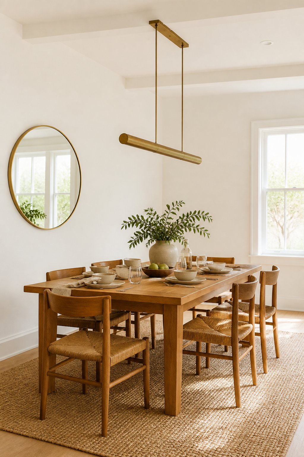 A bright white dining room with a wooden table, woven chairs, brass pendant light, jute rug, and round wall mirror.