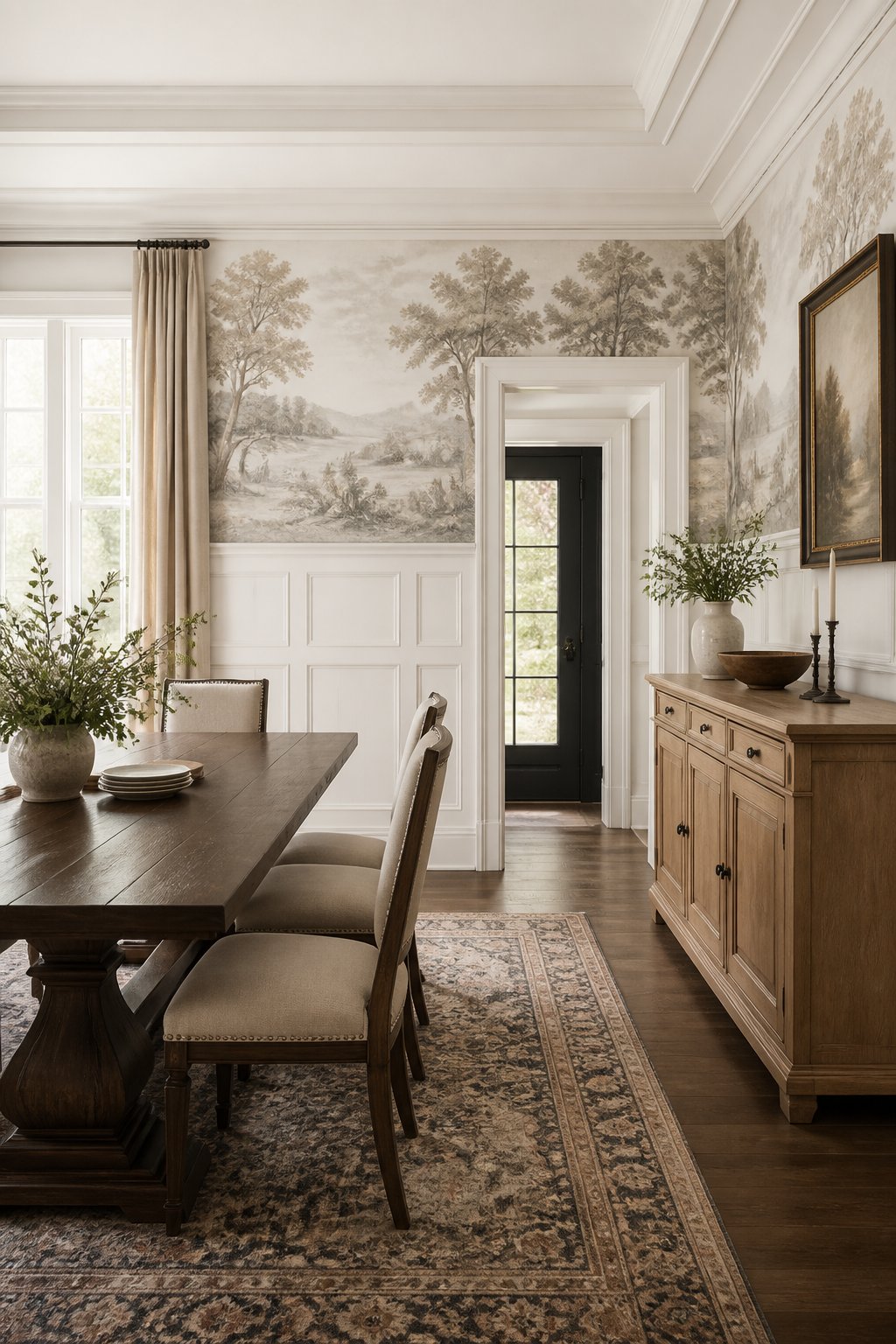 A bright dining room with white paneled walls, scenic wallpaper, a dark wood table, upholstered chairs, a vintage rug, and an oak sideboard.