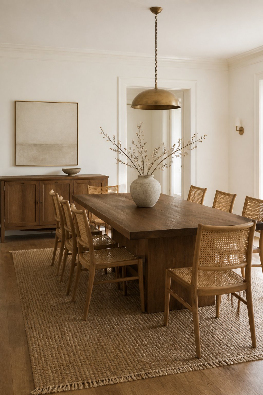 A bright dining room with soft white walls, a warm wooden table, woven chairs, a jute rug, a branch centerpiece, a brass pendant light, and a wooden sideboard.