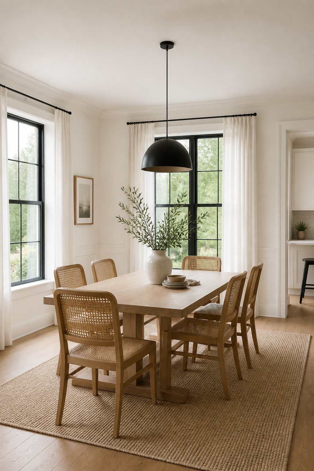 A bright dining room with soft white walls, black-framed windows, a black pendant light, a light wood table, cane chairs, and linen curtains.