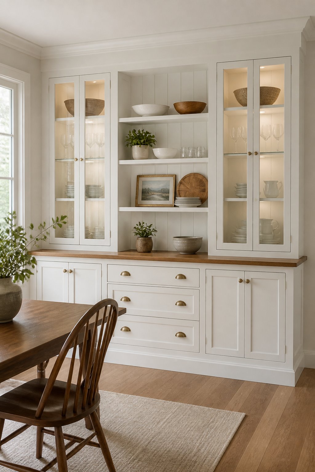Dining room with a full wall of white built-in cabinets, open shelves, glass doors, and a wooden countertop.