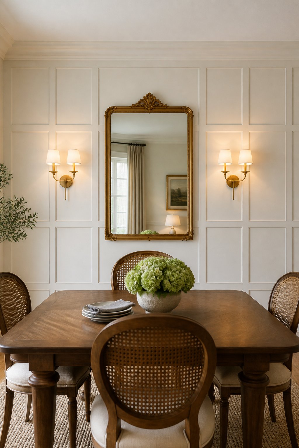 An elegant dining room with a white paneled wall, a large gold-framed mirror, a wooden table, cane-back chairs, and two brass wall sconces.