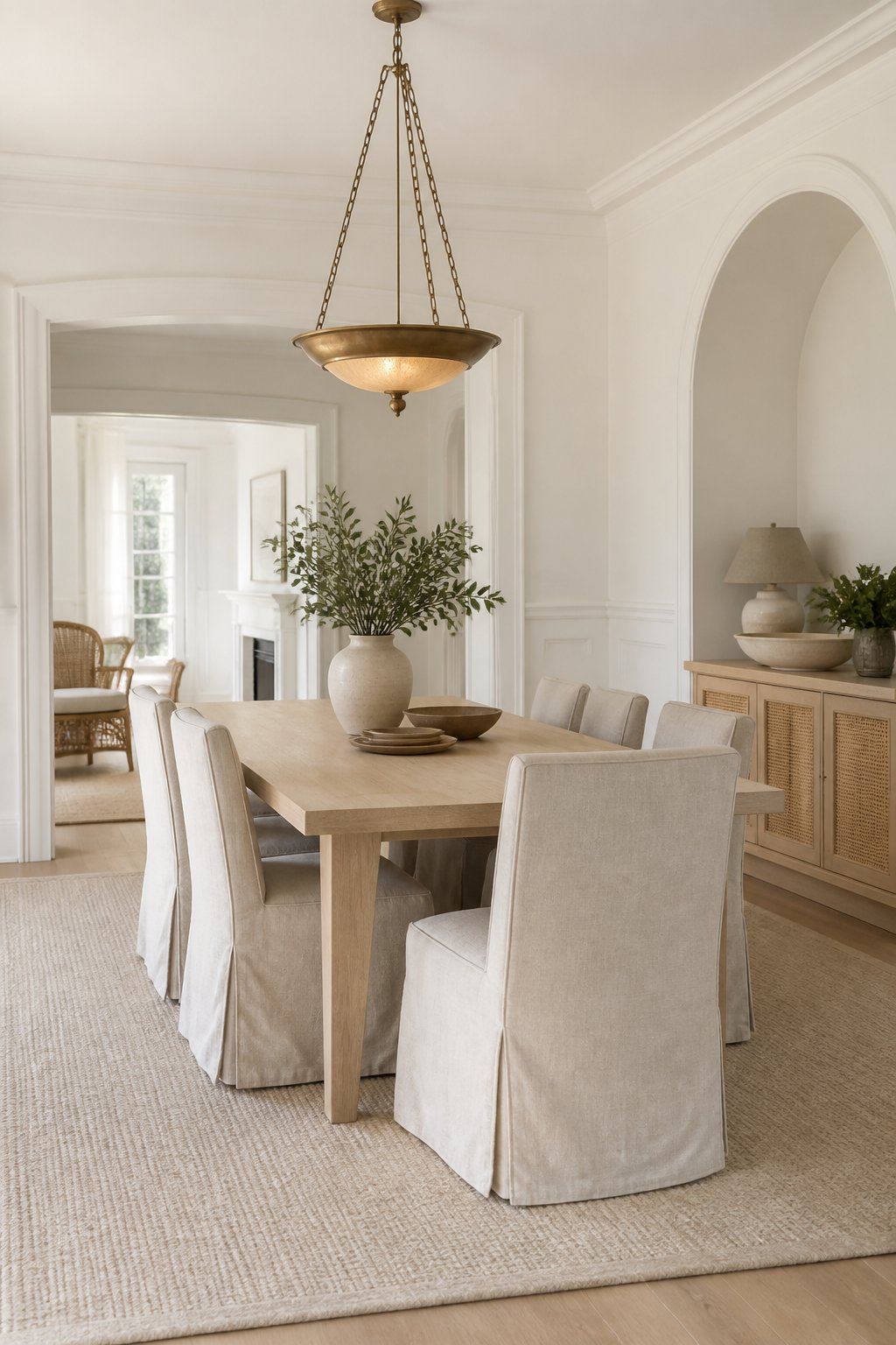 A bright dining room with a pale wood table, linen chairs, a neutral rug, brass lighting, and natural woven and ceramic accents.