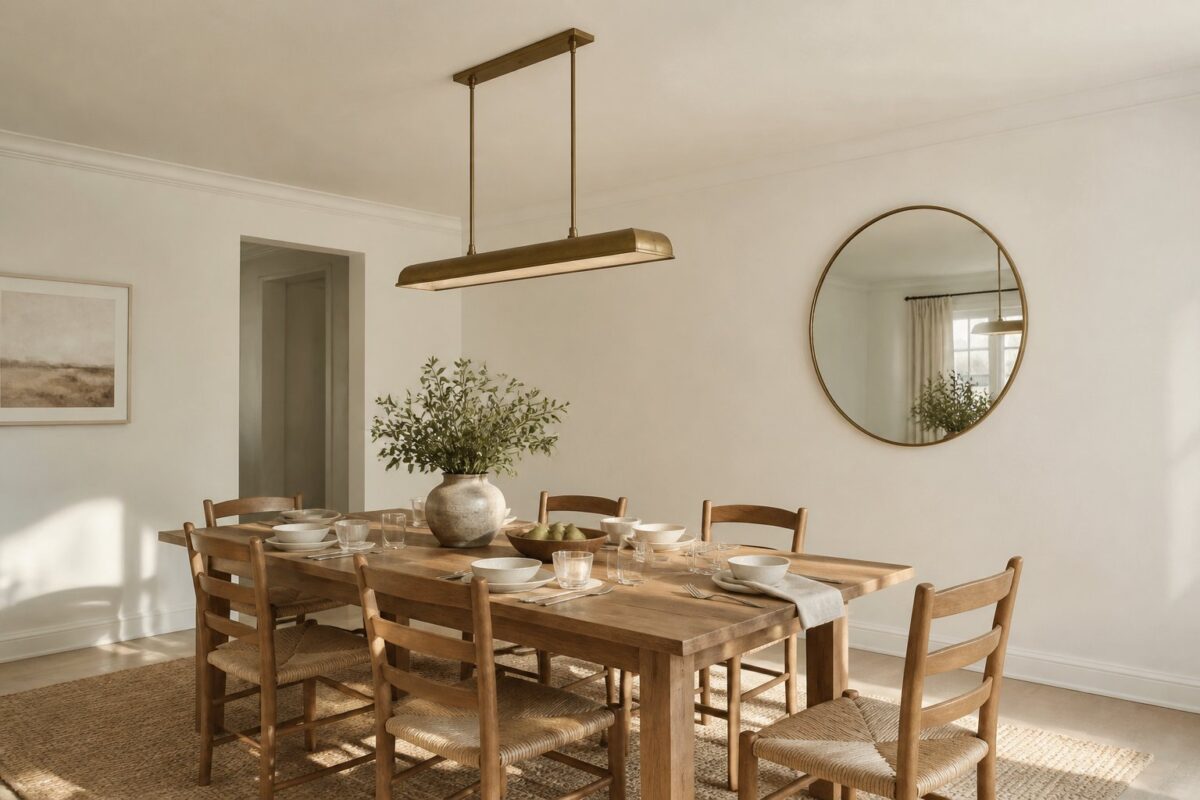 A bright white dining room with a wooden table, woven chairs, a brass pendant light, a jute rug, and a round wall mirror.