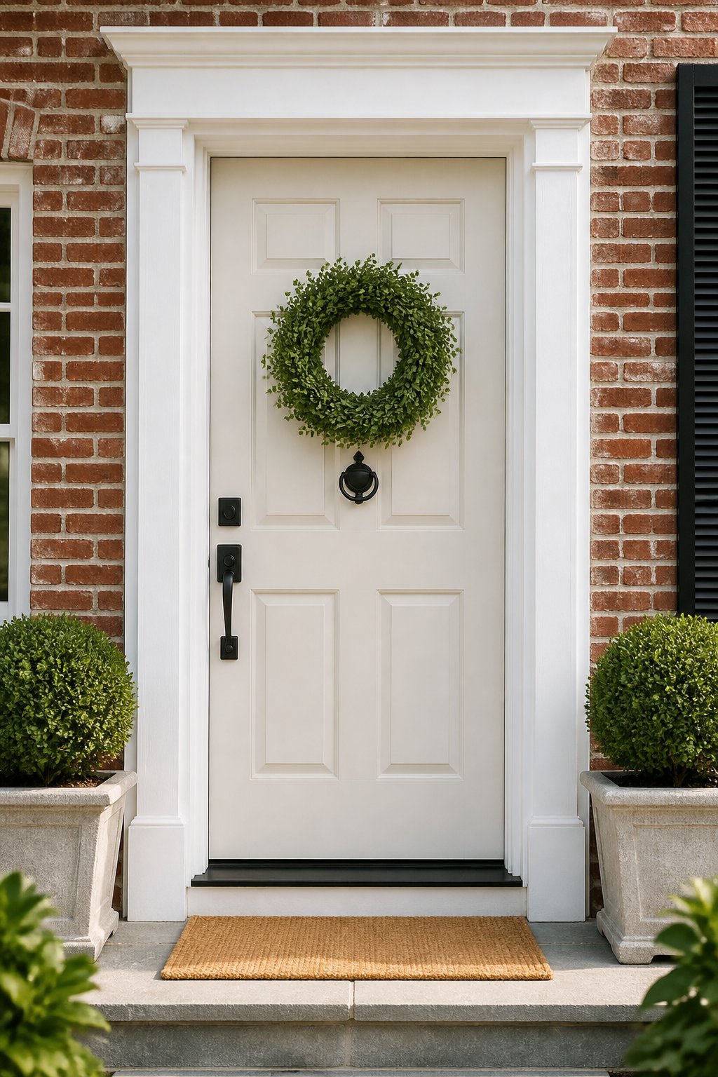 A white six-panel front door with black hardware and a green wreath on a red brick house, framed by white trim, a doormat, and boxwood planters.