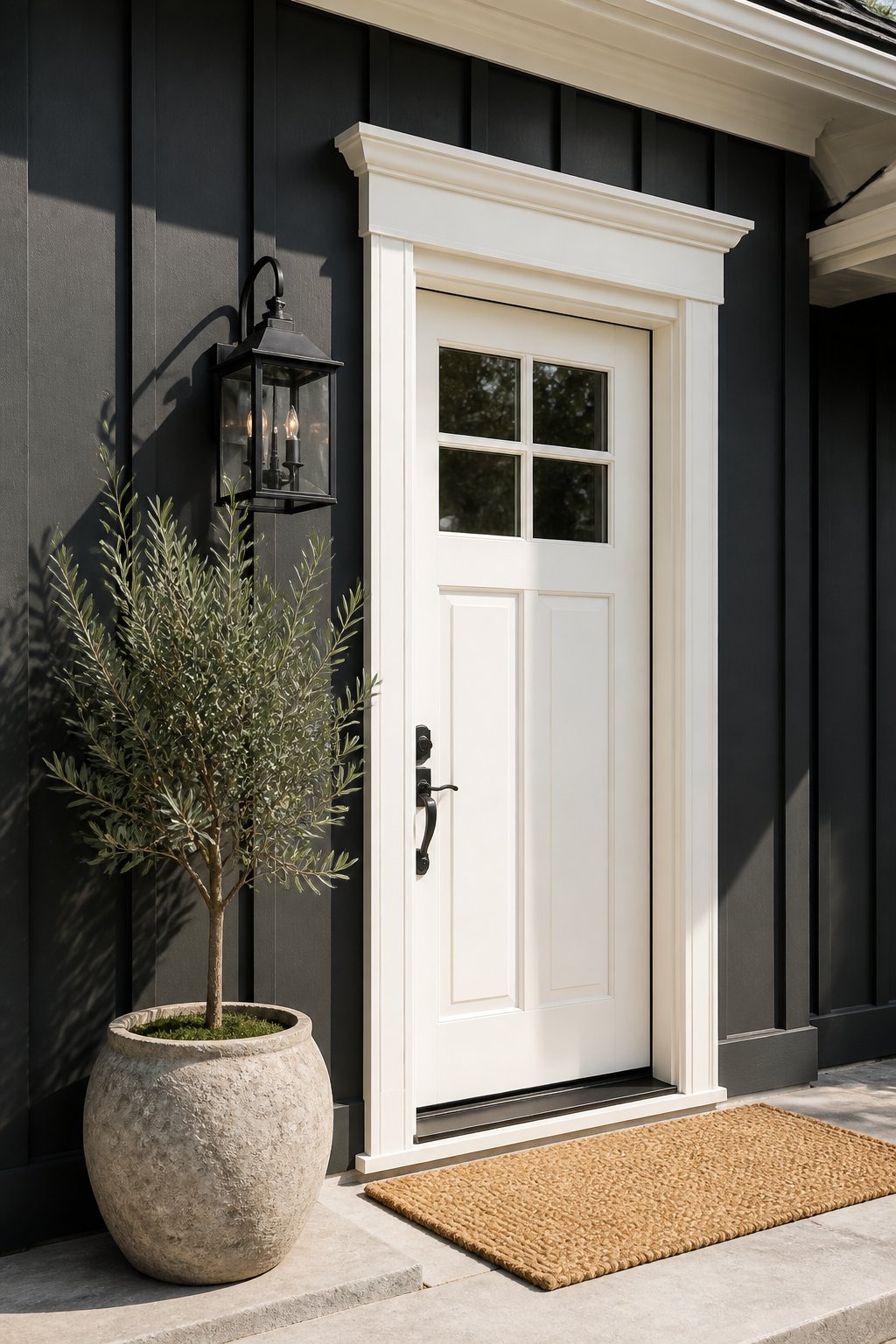 A white front door with black lantern, doormat, and olive tree planter against a dark-sided house.