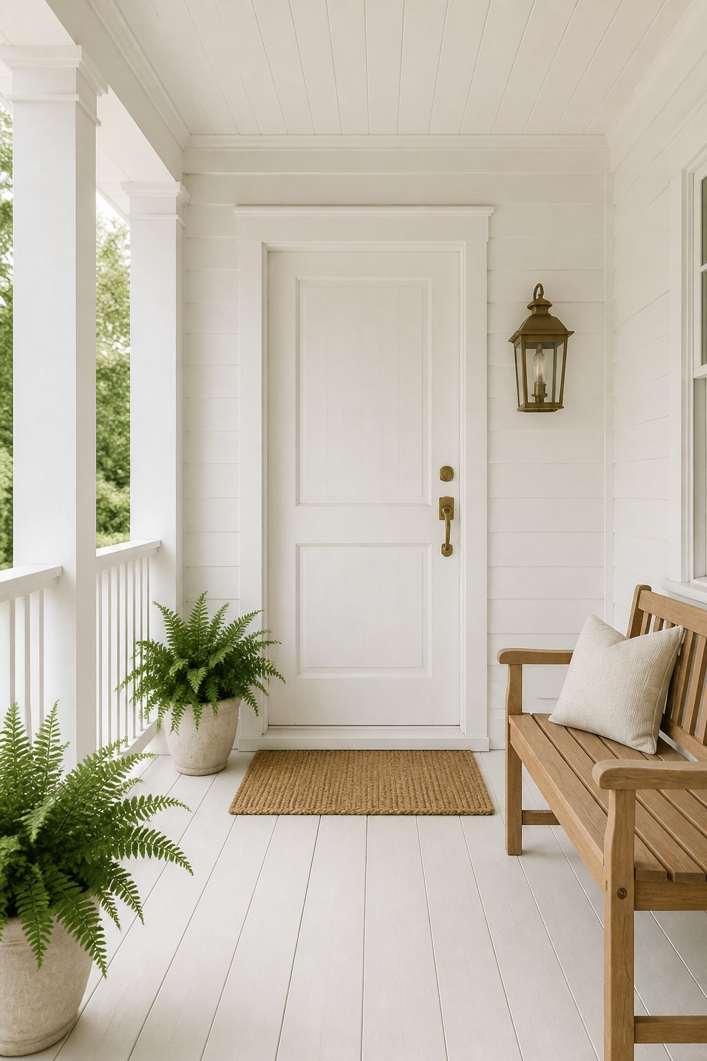 A white covered front porch with a door, bench, lantern, doormat, and potted ferns.
