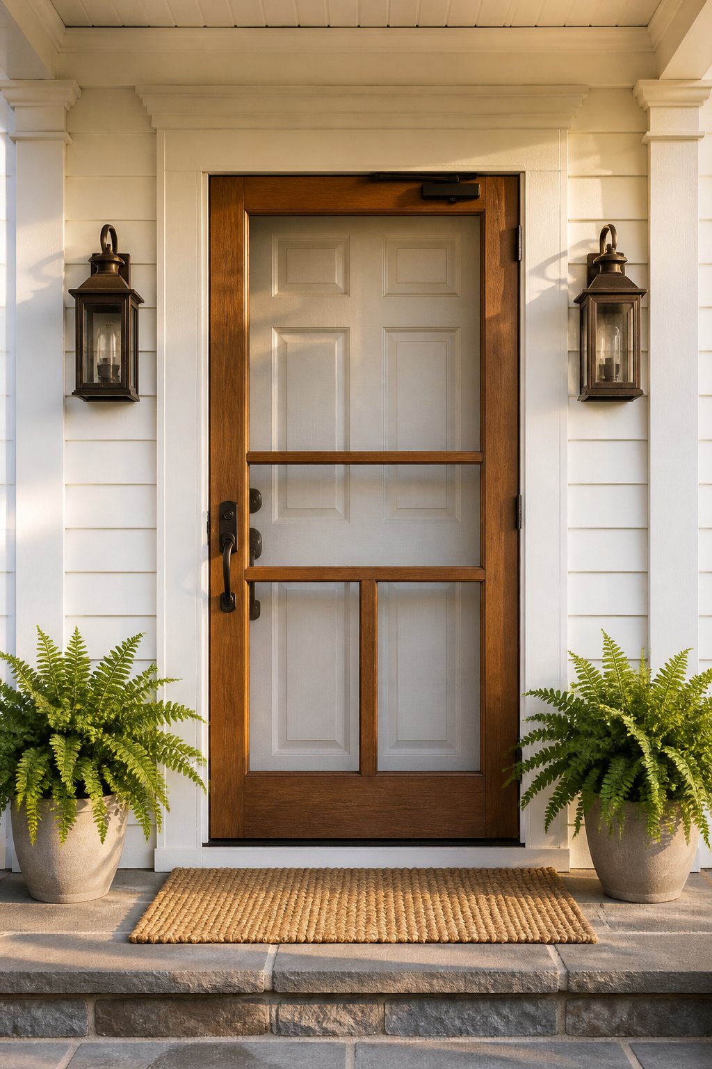 A white front door with a natural wood screen door, bronze hardware, a jute mat, and two potted ferns.