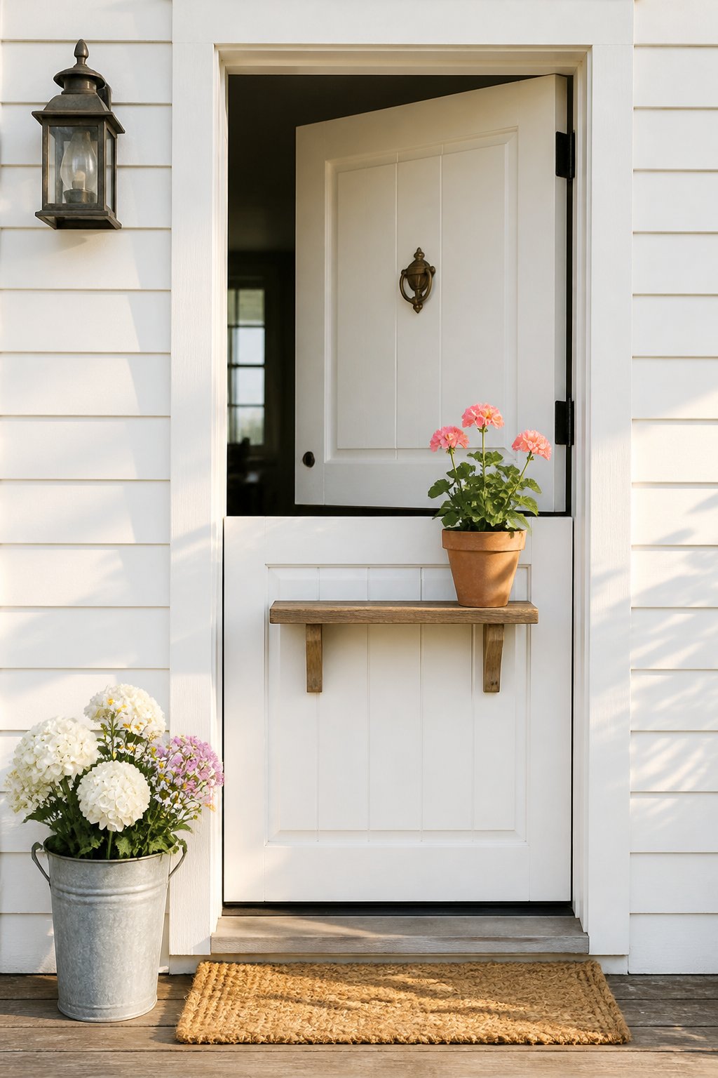 A white Dutch door on a farmhouse, with flowers and a potted geranium by the entrance.