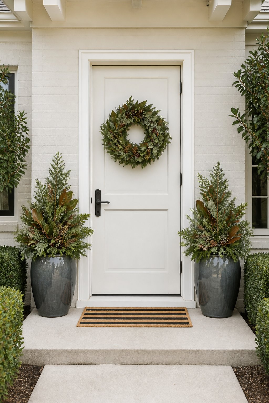 A white front door with black hardware, flanked by large planters and shrubs, with a striped mat and wreath on a concrete stoop.