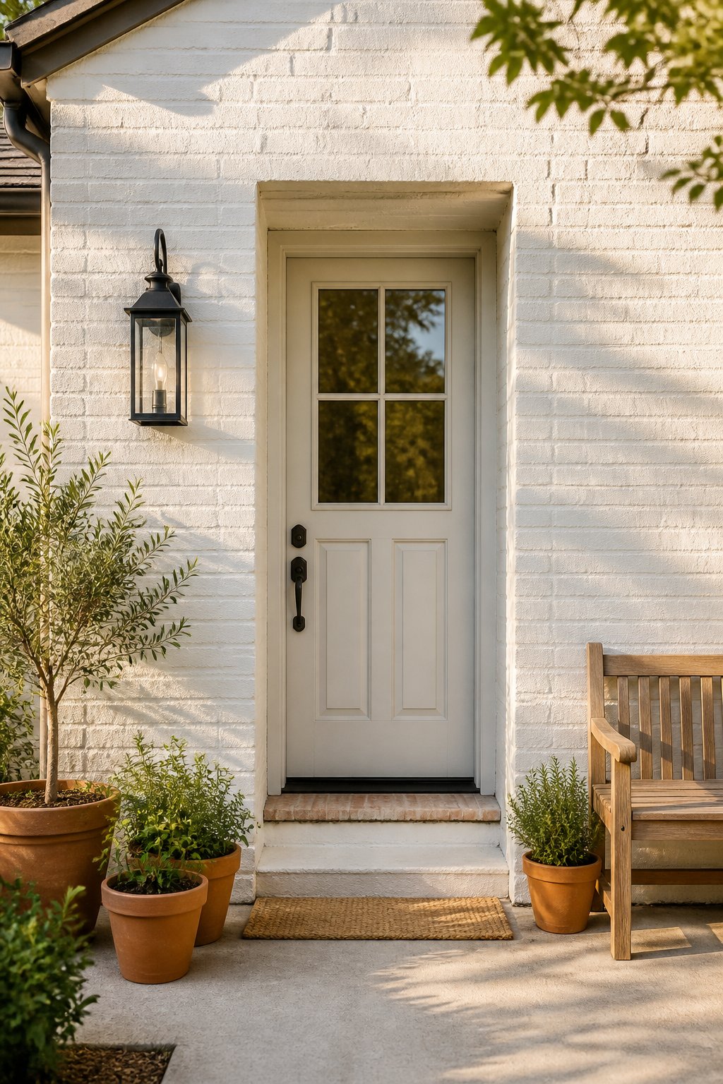 A white-painted brick home entry with a white door, wooden bench, black lantern, and potted greenery.