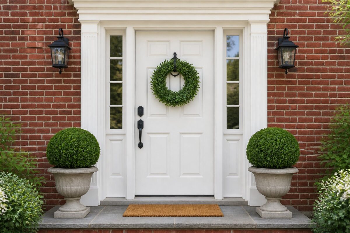 A white six-panel front door with black hardware, a green wreath, and a doormat on a red brick house, flanked by boxwood planters.