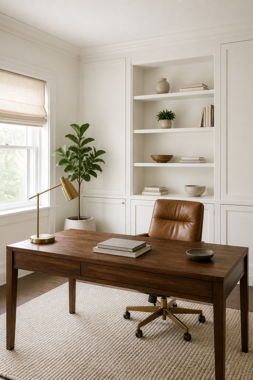 A bright all-white home office with a walnut desk, tan leather chair, brass lamp, books, rug, plant, and soft daylight from a side window.