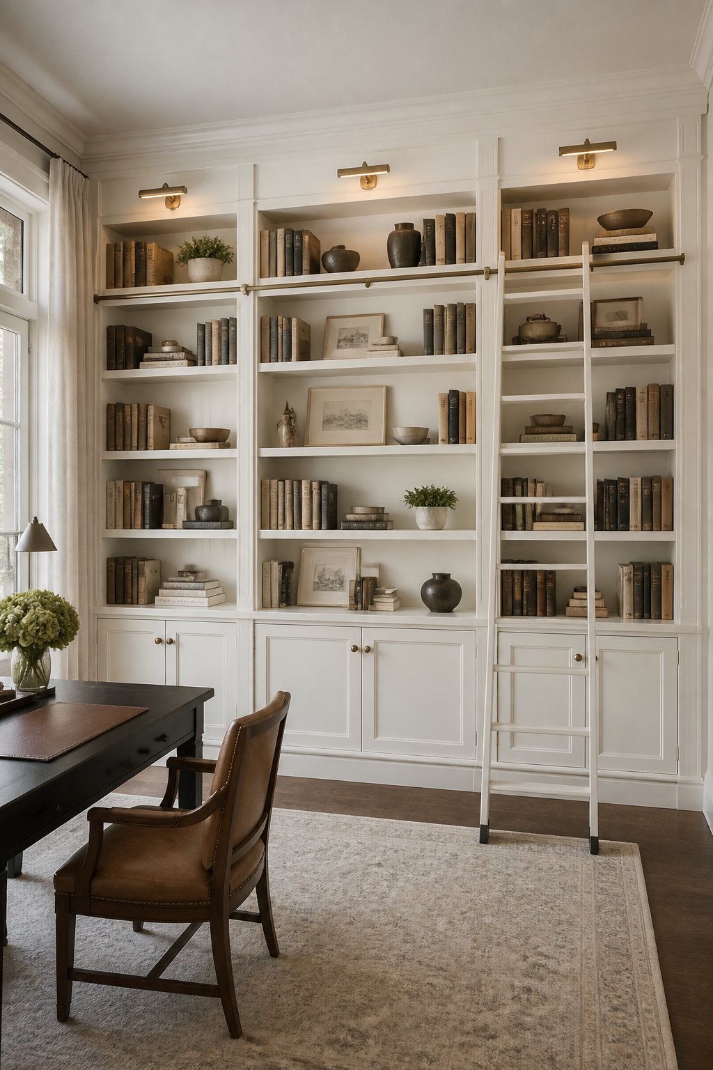 A white built-in bookwall in a home office with books, artwork, ceramics, brass lights, and a white rolling ladder.
