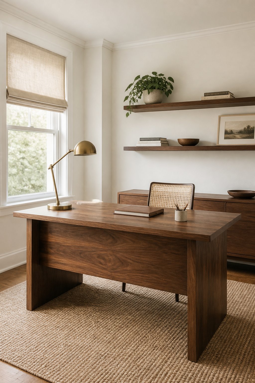 A bright home office with white walls, a walnut desk and shelves, a cane chair, a window shade, a brass lamp, a jute rug, and a plant.
