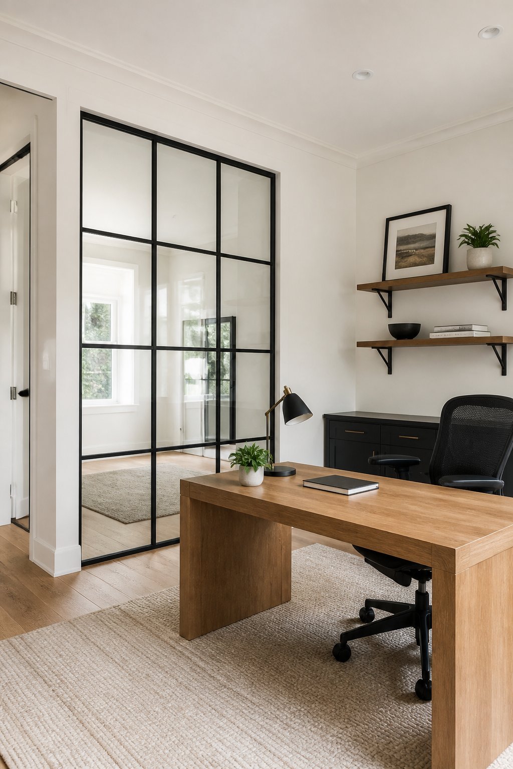 Modern home office with soft white walls, a glass partition, a wood desk, and a black task chair.
