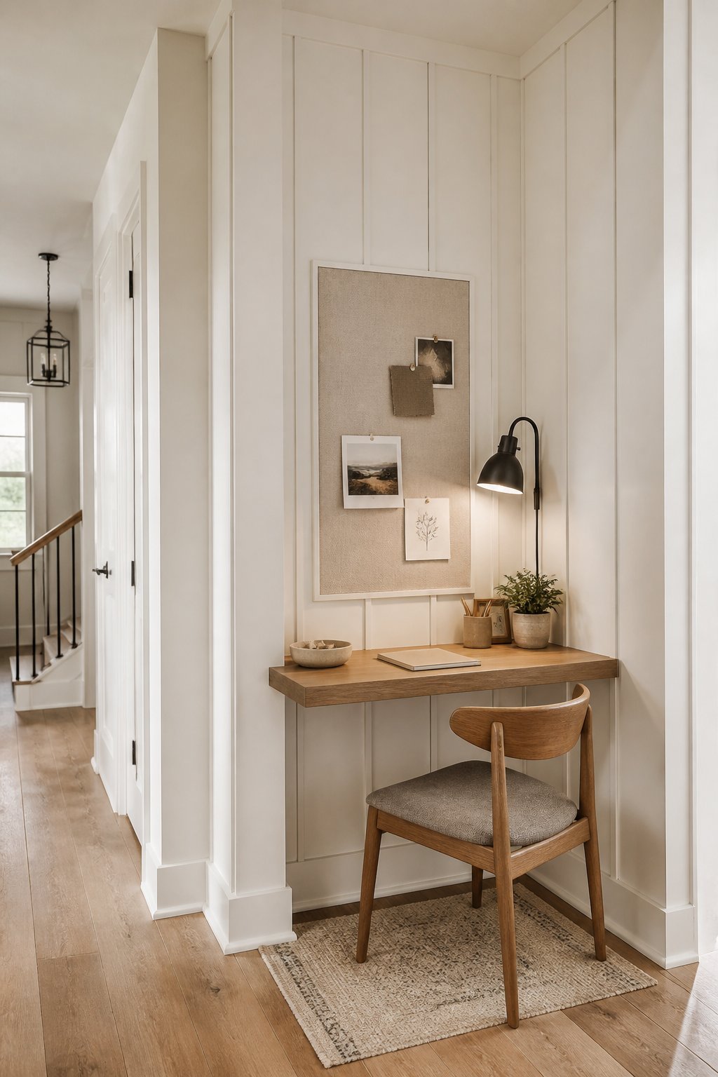 A small hallway work nook with white paneled walls, a floating wooden desk, chair, pinboard, task light, and rug.