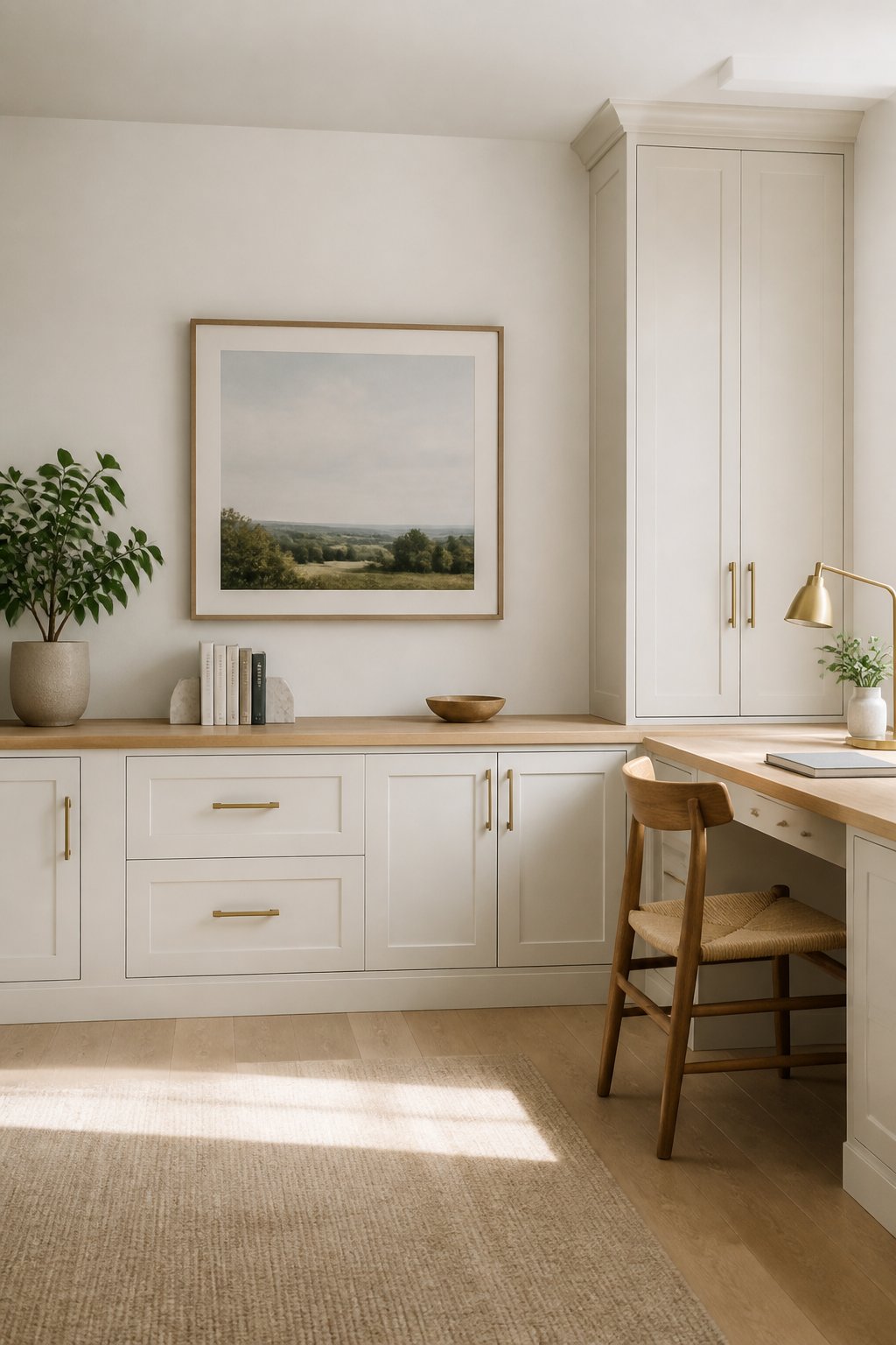 A bright home office with white built-in cabinets, a wooden desk surface, framed artwork, a chair, and a potted plant.