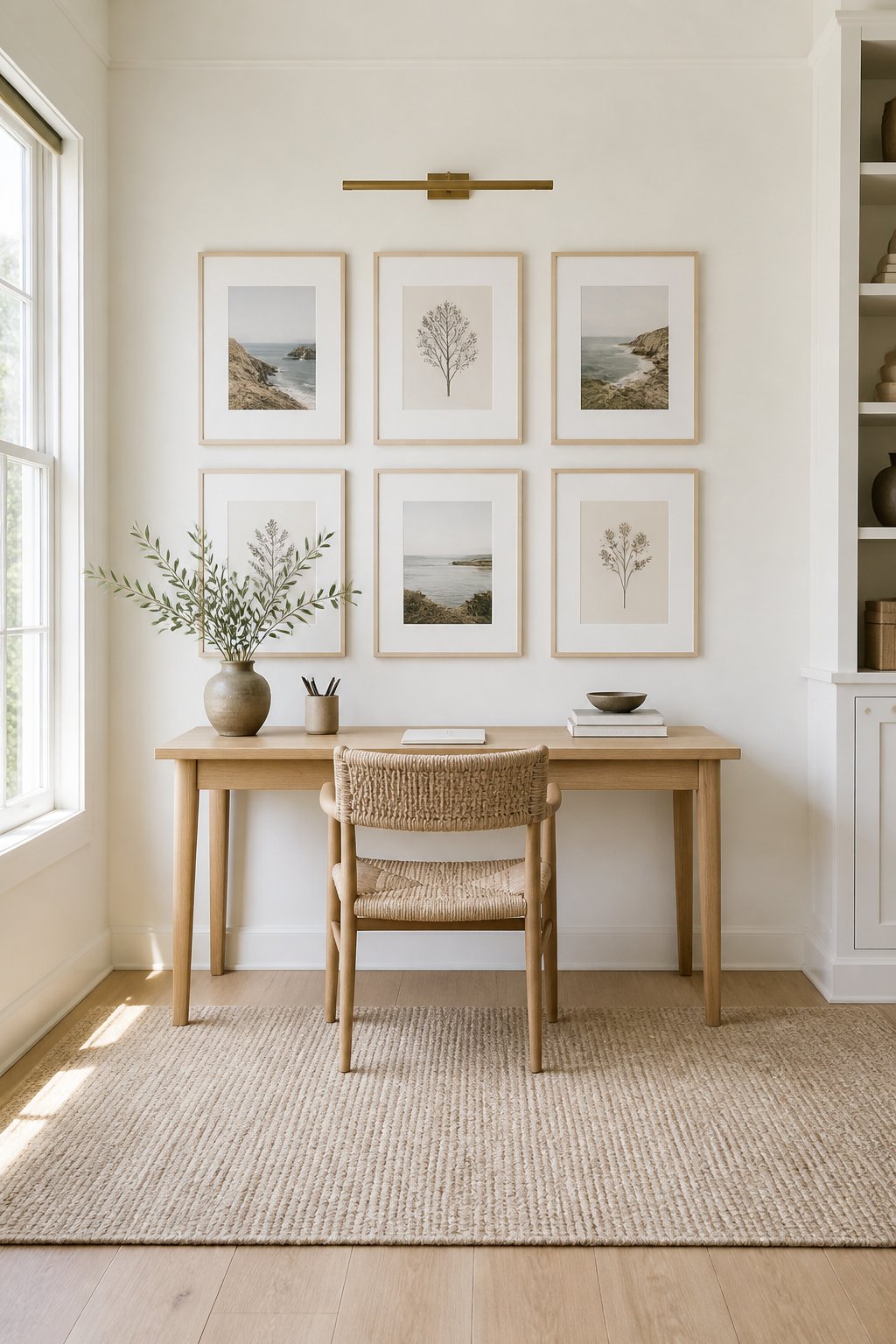 A bright home office with soft white walls, a wood desk, woven chair, framed prints, brass picture light, and a neutral rug.