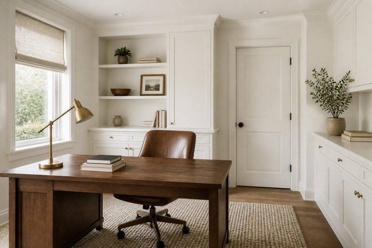 A bright white home office with a walnut desk, tan leather chair, brass lamp, books, rug, and potted plant by a shaded window.