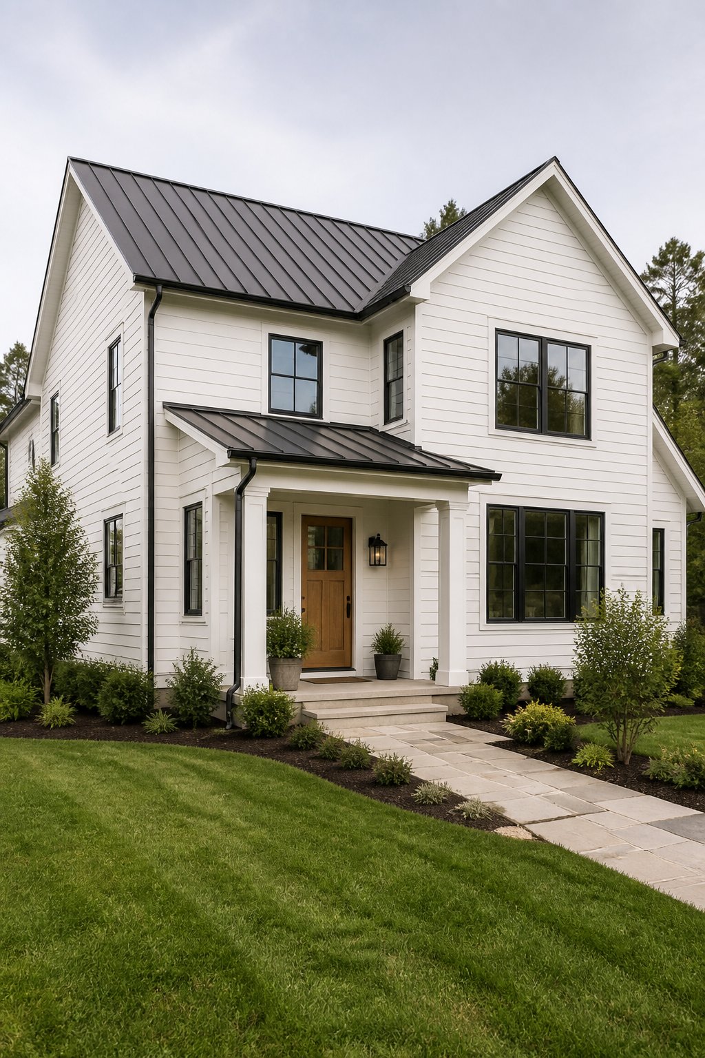 Two-story white house with black windows and roof, a wooden front door, green plants, and a stone path.