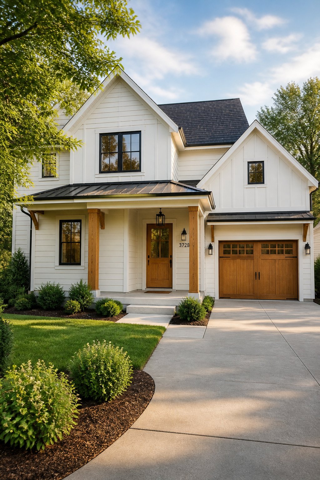 A white house with a warm wood front door, matching garage doors, black fixtures, and green plants in warm afternoon light.