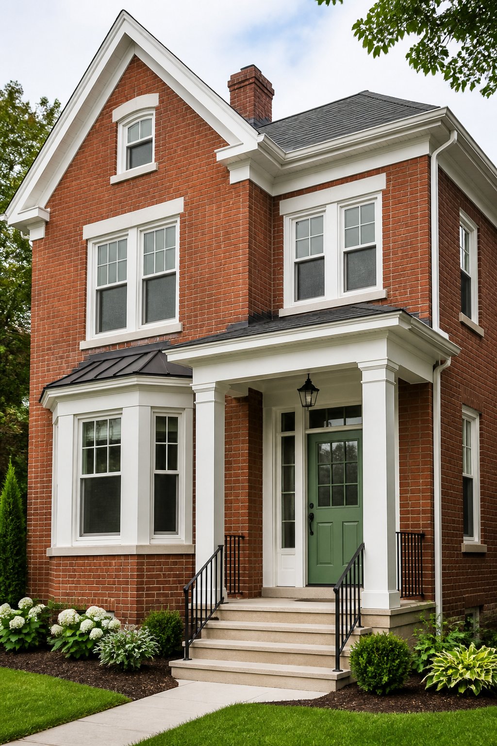 Red brick house with soft white trim, a green front door, and black hardware.
