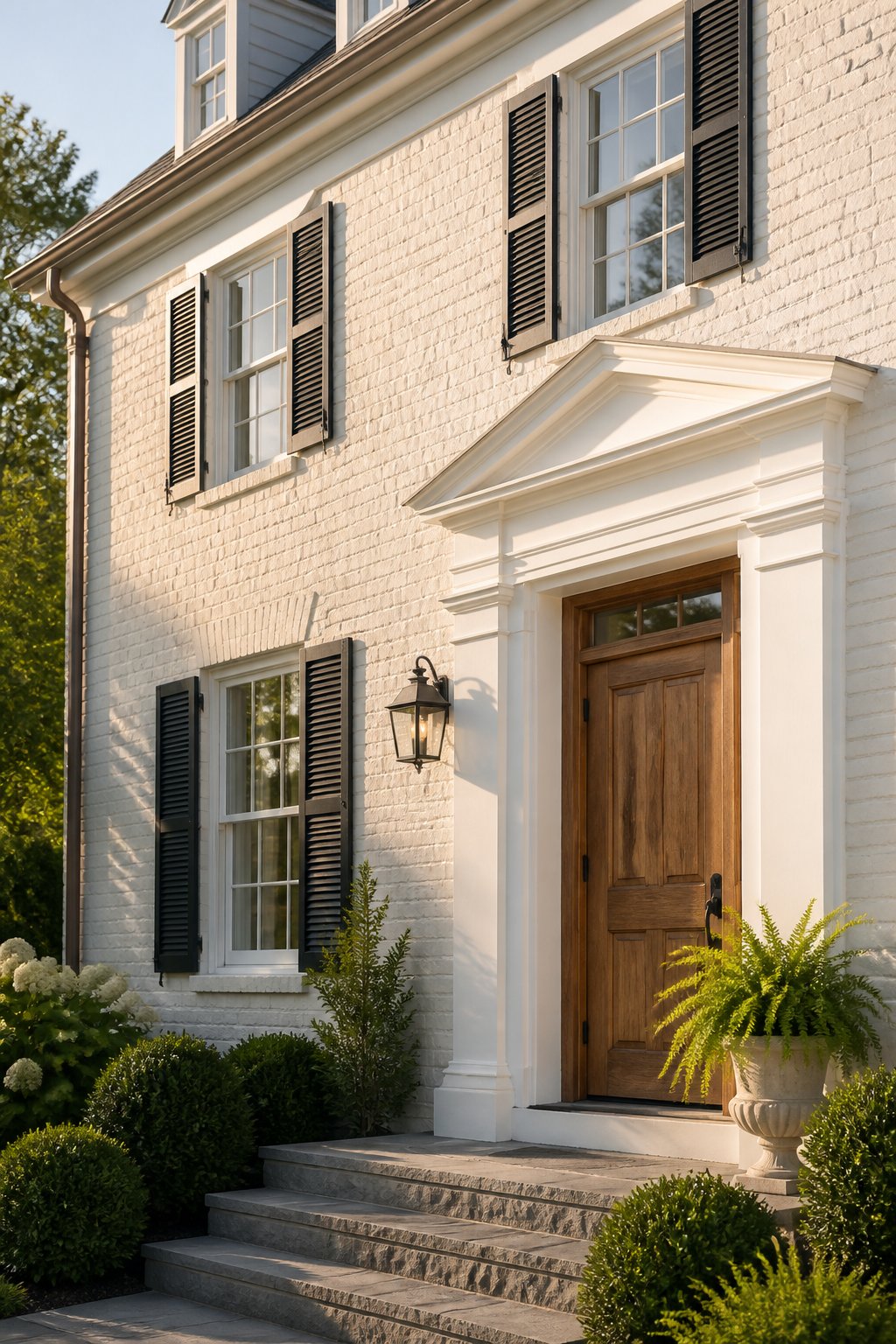 White-painted brick house with black shutters and a natural wood front door in warm afternoon light.