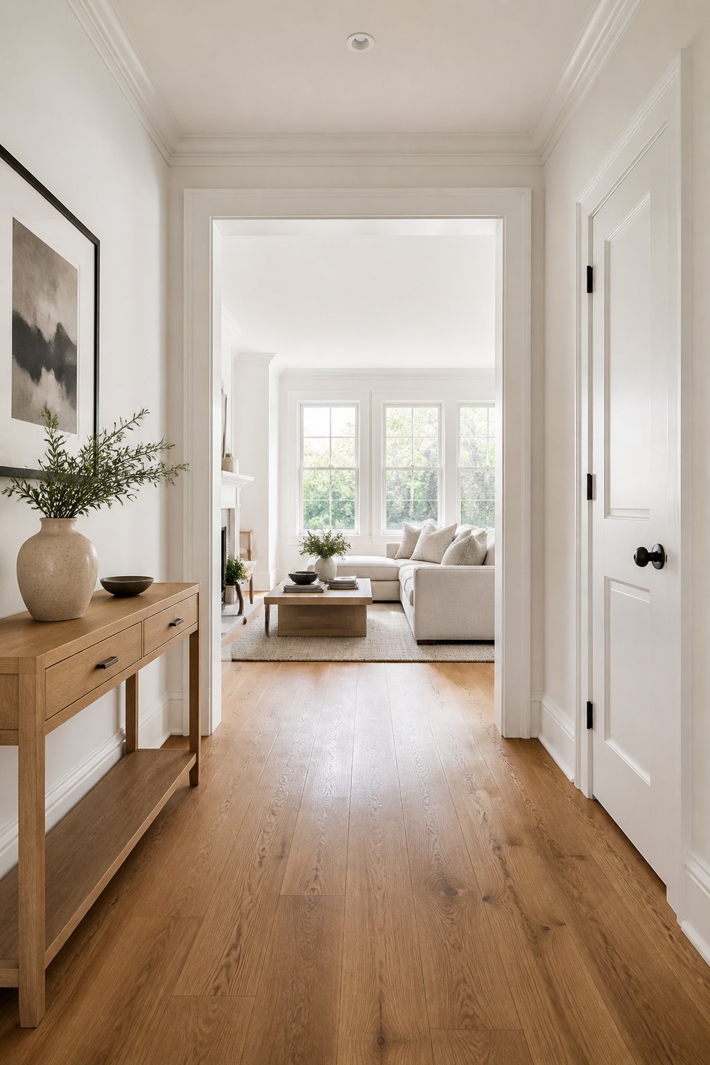 A bright entry hall with white walls and trim looks into a living room with oak floors, a console, artwork, a linen sofa, and a wood coffee table.
