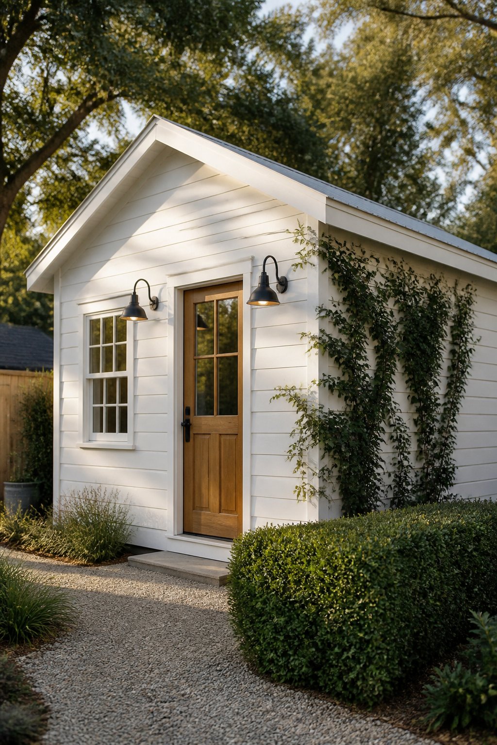A small white backyard studio with a wooden door, black lights, climbing greenery, a gravel path, and a clipped hedge in warm evening light.