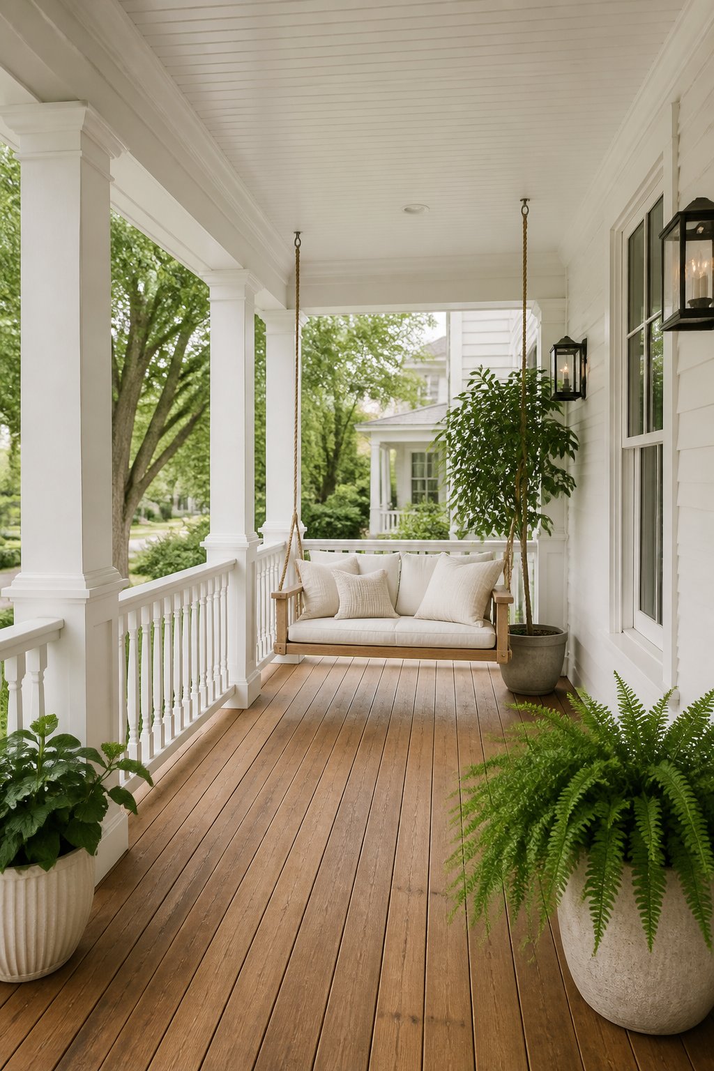 A covered front porch with white columns and railings, a warm wood floor, a cushioned swing, and potted green plants.