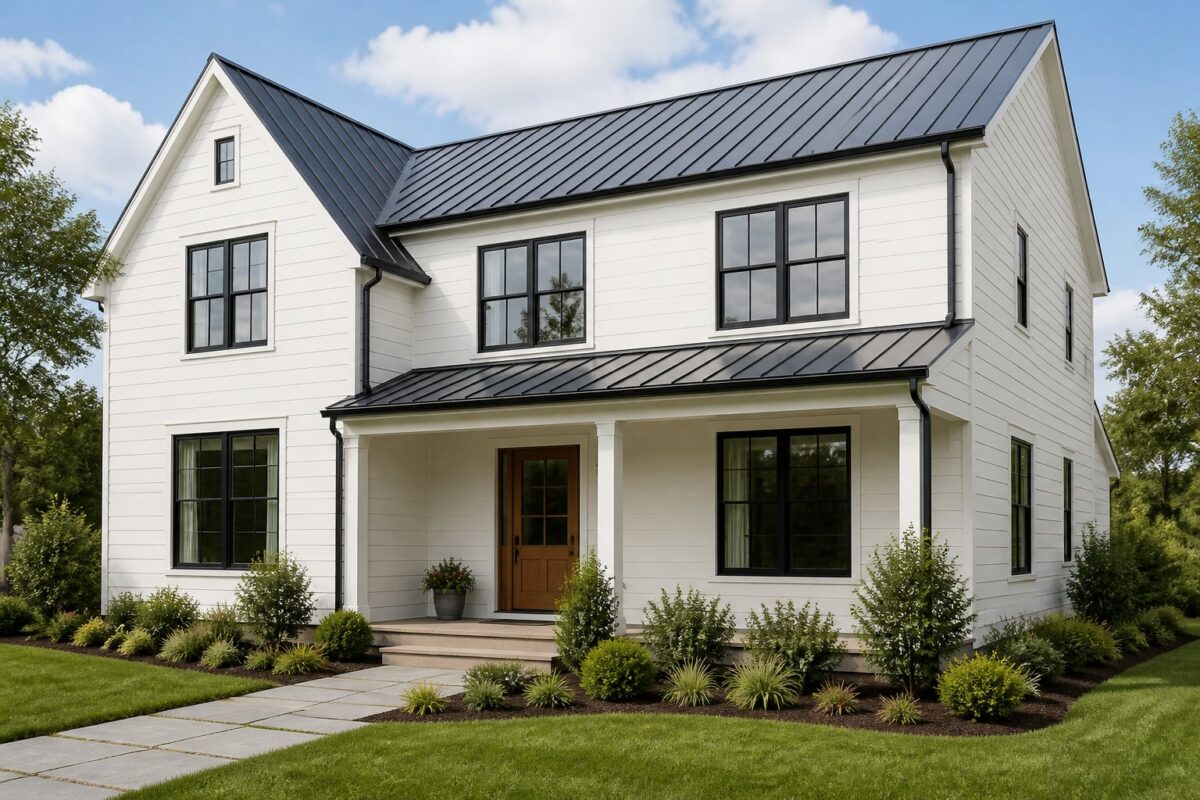 A two-story white house with black windows and a dark roof, surrounded by green plants and a stone walkway.