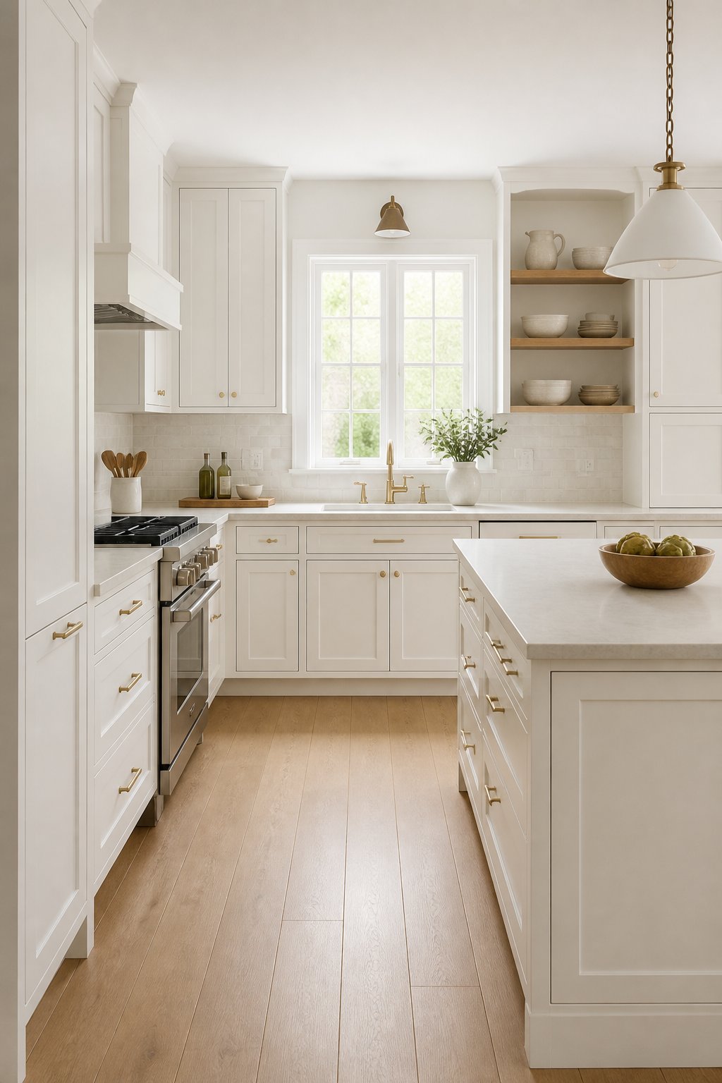 A bright white kitchen with Shaker cabinets, a central island, stone counters, a tiled backsplash, brass fixtures, stainless steel appliances, oak flooring, and an open shelf with ceramics.