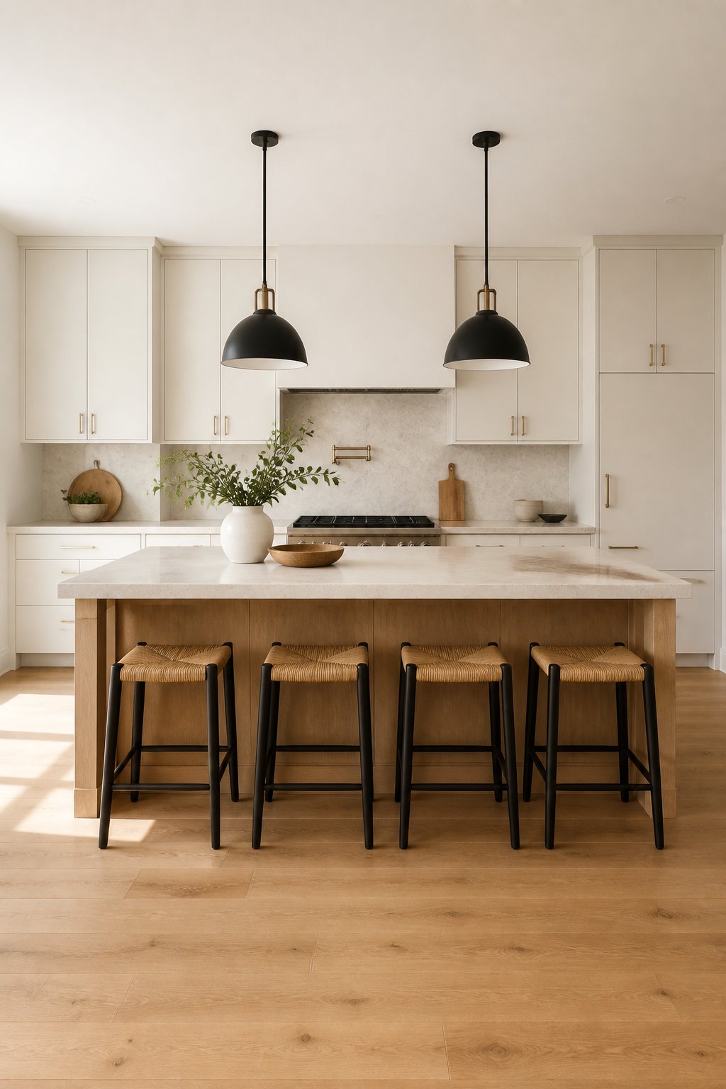 Bright kitchen with soft white cabinets, a white oak island, black pendant lights, woven counter stools, a light stone backsplash, and warm wood flooring.