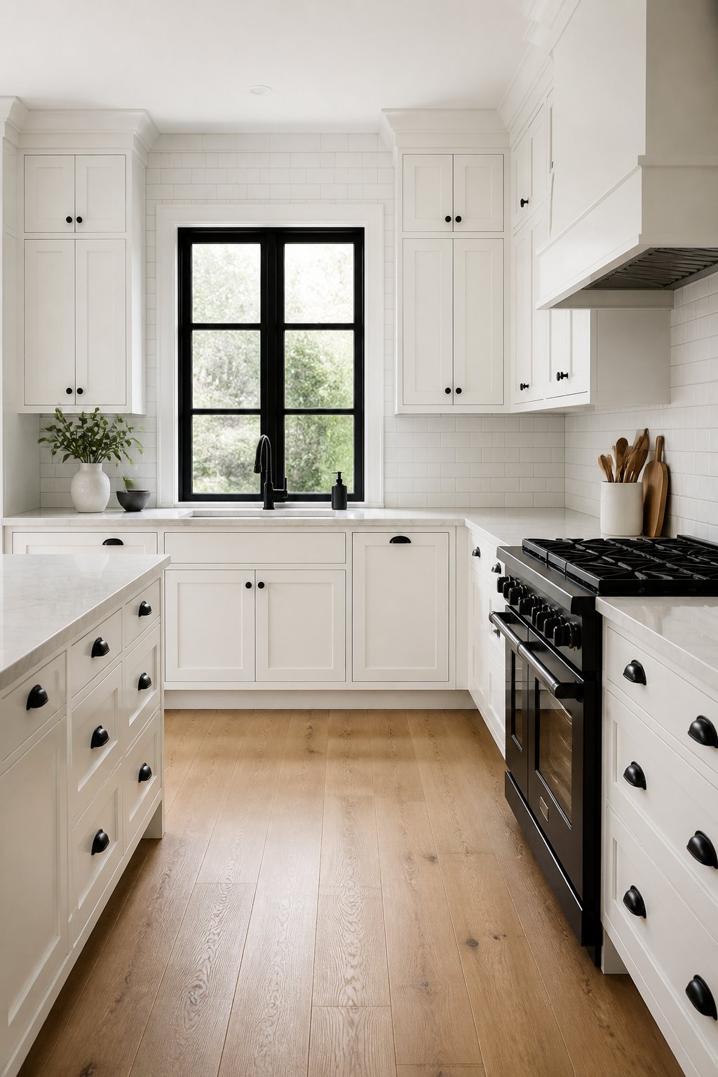 A bright kitchen with soft white cabinets, black hardware and appliances, a black-framed window, light countertops, white tile, and warm wood flooring.