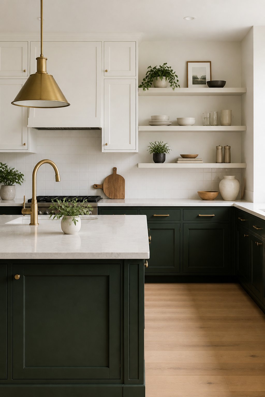 Bright kitchen with white upper cabinets, dark green lower cabinets and island, pale countertops, brass hardware, white backsplash, and light wood floors.