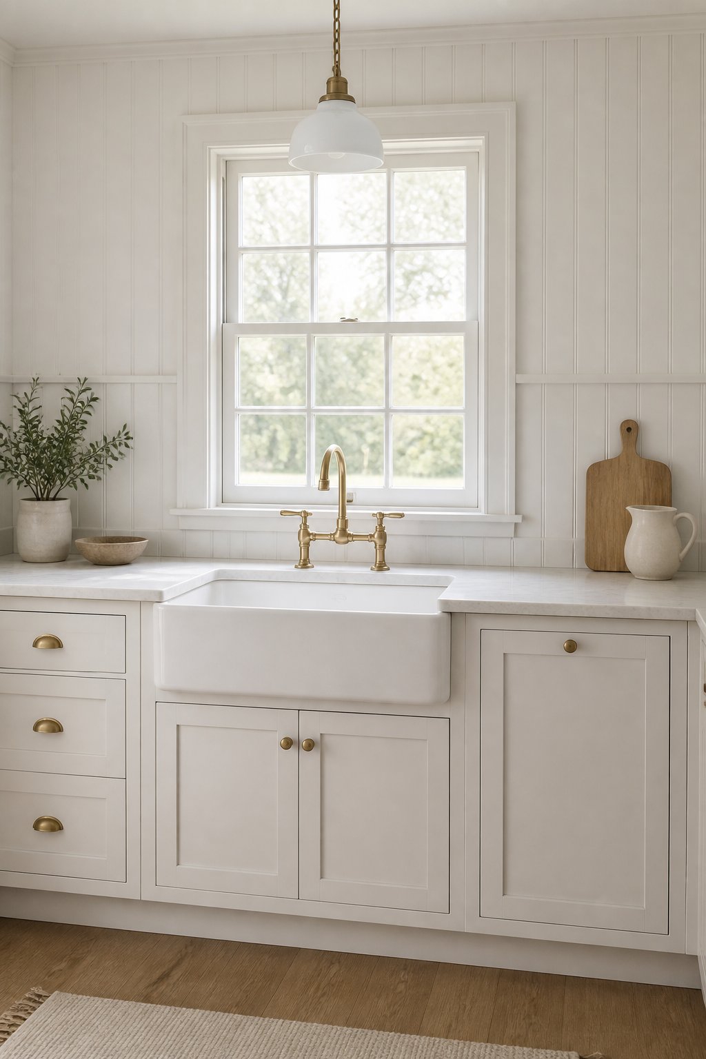 A bright white cottage kitchen with inset cabinets, a farmhouse sink, beadboard paneling, brass faucet, stone countertop, and pendant light.