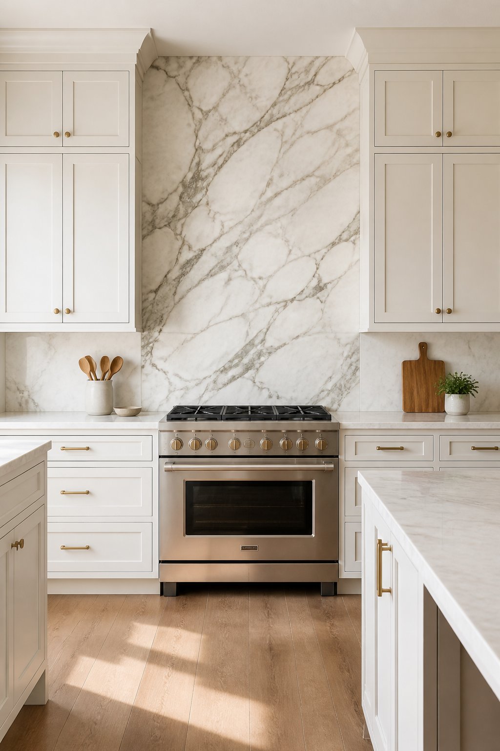 A bright kitchen with soft white cabinets, a veined marble backsplash, brass hardware, light countertops, and a wood floor.