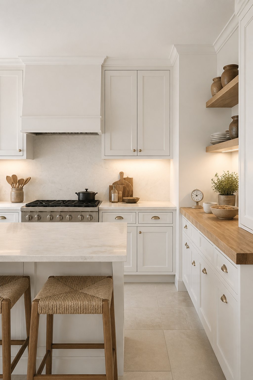 Bright white kitchen with warm wood shelves, brass hardware, a cream stone counter, and woven stools.