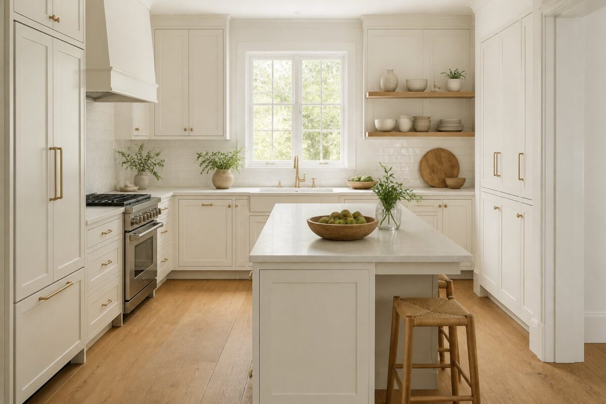 A bright white kitchen with Shaker cabinets, a central island, stone counters, a tiled backsplash, brass fixtures, stainless-steel appliances, and a warm wood floor.